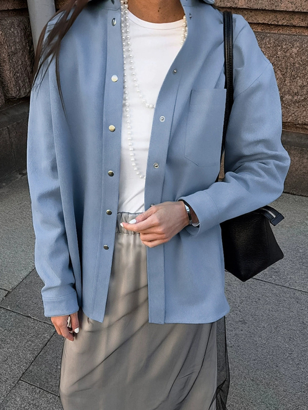 Forever 21 Streetwear Blue Cotton Notch Lapel Jacket Oversized Long Sleeve
